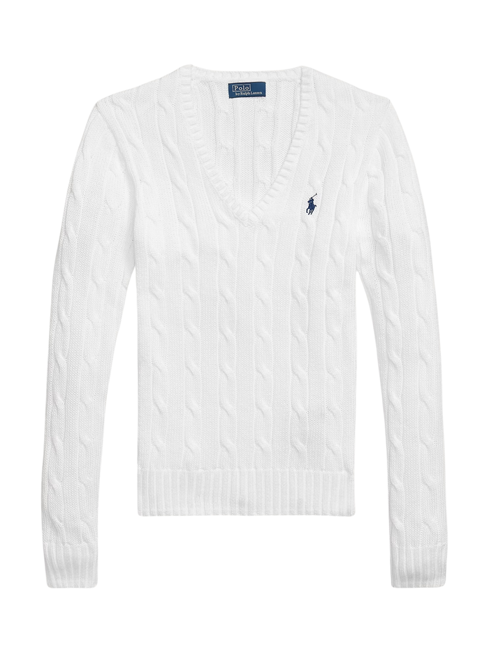 RALPH LAUREN WOMEN Cable-Knit Cotton V-Neck Jumper White - MAISONDEFASHION.COM
