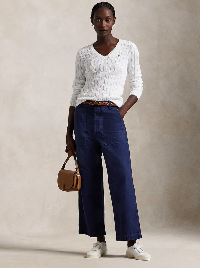 RALPH LAUREN WOMEN Cable-Knit Cotton V-Neck Jumper White - MAISONDEFASHION.COM