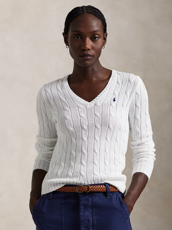 RALPH LAUREN WOMEN Cable-Knit Cotton V-Neck Jumper White - MAISONDEFASHION.COM