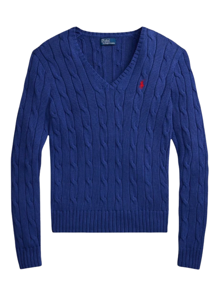 RALPH LAUREN WOMEN Cable-Knit Cotton V-neck Sweater Charter Blue