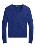 RALPH LAUREN WOMEN Cable-Knit Cotton V-neck Sweater Charter Blue