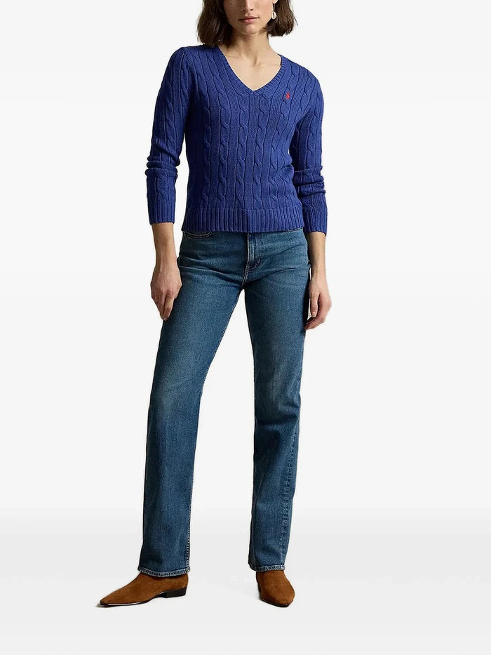 RALPH LAUREN WOMEN Cable-Knit Cotton V-neck Sweater Charter Blue