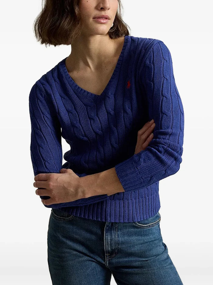 RALPH LAUREN WOMEN Cable-Knit Cotton V-neck Sweater Charter Blue