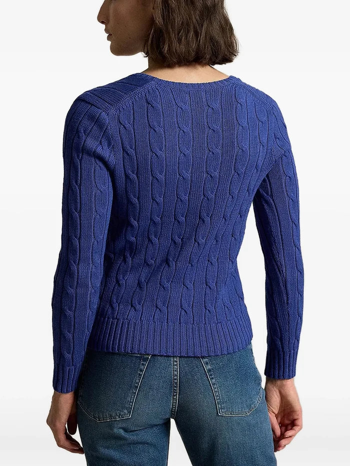 RALPH LAUREN WOMEN Cable-Knit Cotton V-neck Sweater Charter Blue