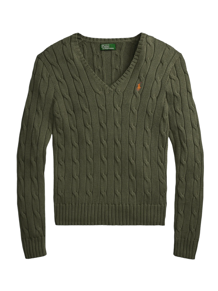 RALPH LAUREN WOMEN Cable-Knit Cotton V-neck Sweater Dense Olive