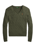 RALPH LAUREN WOMEN Cable-Knit Cotton V-neck Sweater Dense Olive