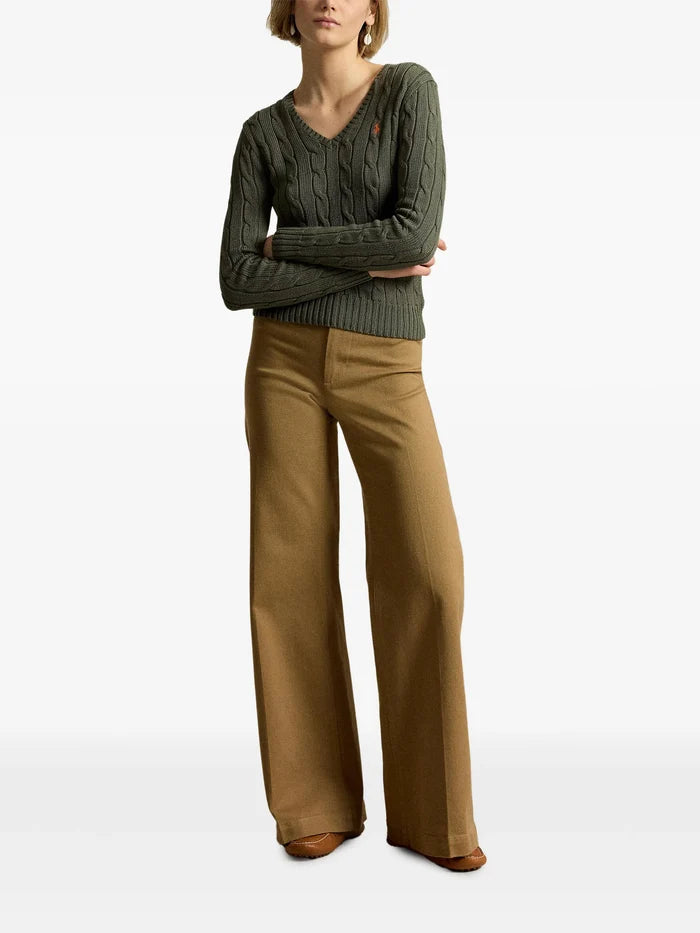 RALPH LAUREN WOMEN Cable-Knit Cotton V-neck Sweater Dense Olive