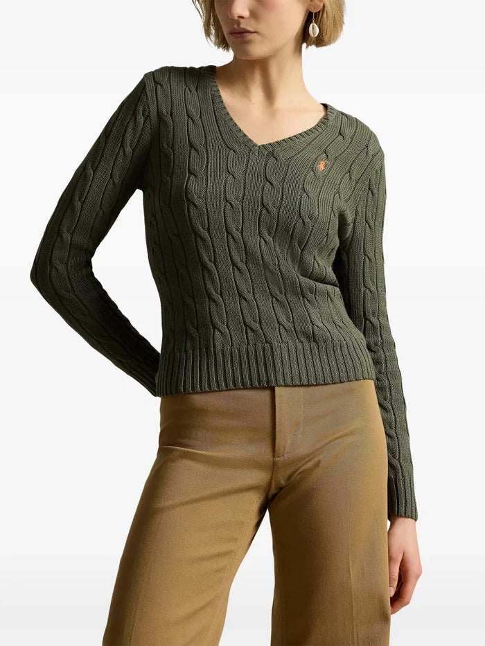 RALPH LAUREN WOMEN Cable-Knit Cotton V-neck Sweater Dense Olive