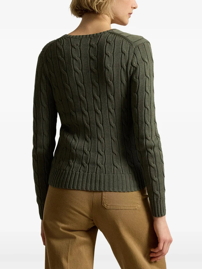 RALPH LAUREN WOMEN Cable-Knit Cotton V-neck Sweater Dense Olive