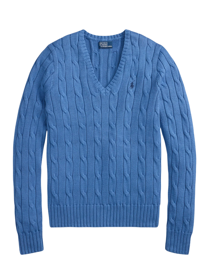 RALPH LAUREN WOMEN Cable-knit Cotton V-neck Sweater Nimes Blue