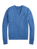 RALPH LAUREN WOMEN Cable-knit Cotton V-neck Sweater Nimes Blue