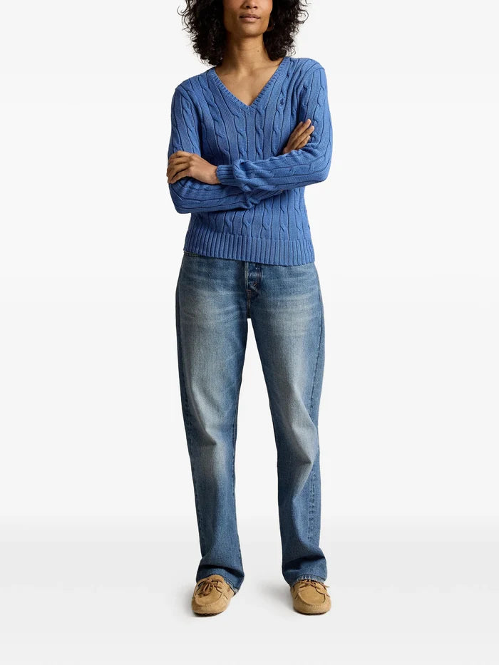 RALPH LAUREN WOMEN Cable-knit Cotton V-neck Sweater Nimes Blue