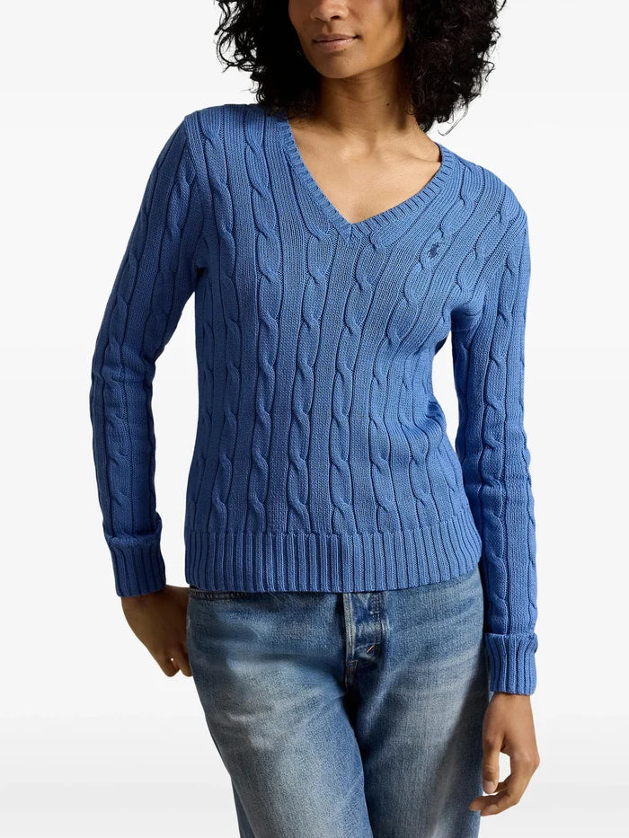 RALPH LAUREN WOMEN Cable-knit Cotton V-neck Sweater Nimes Blue