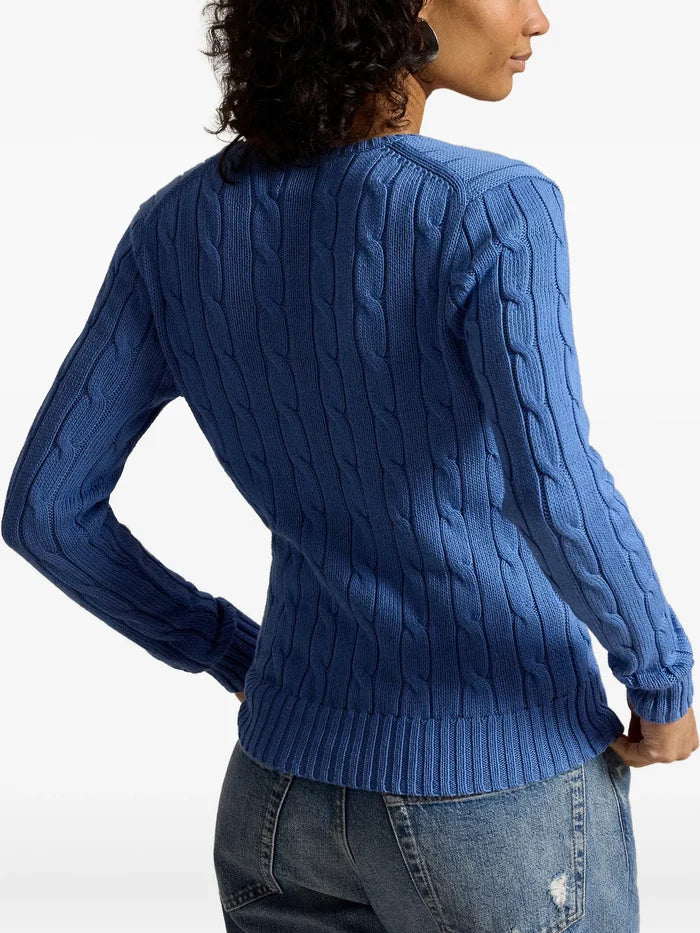 RALPH LAUREN WOMEN Cable-knit Cotton V-neck Sweater Nimes Blue
