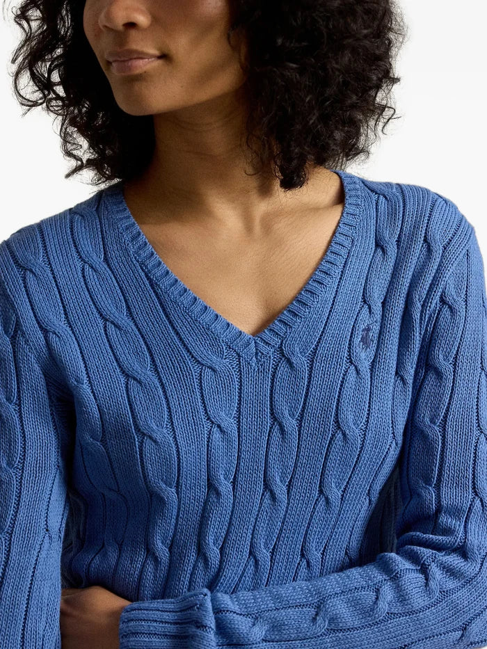 RALPH LAUREN WOMEN Cable-knit Cotton V-neck Sweater Nimes Blue