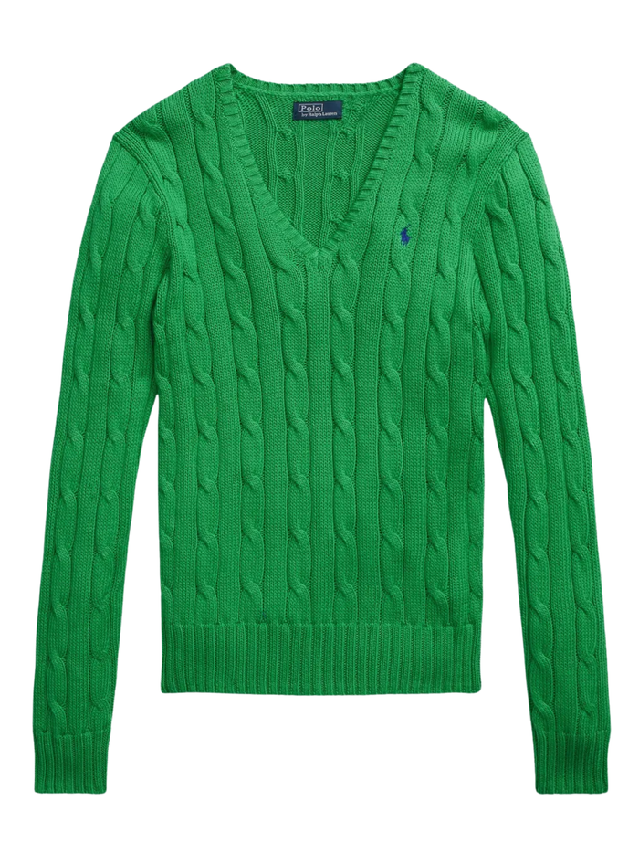 RALPH LAUREN WOMEN Cable-knit Cotton V-neck Sweater Preppy Green