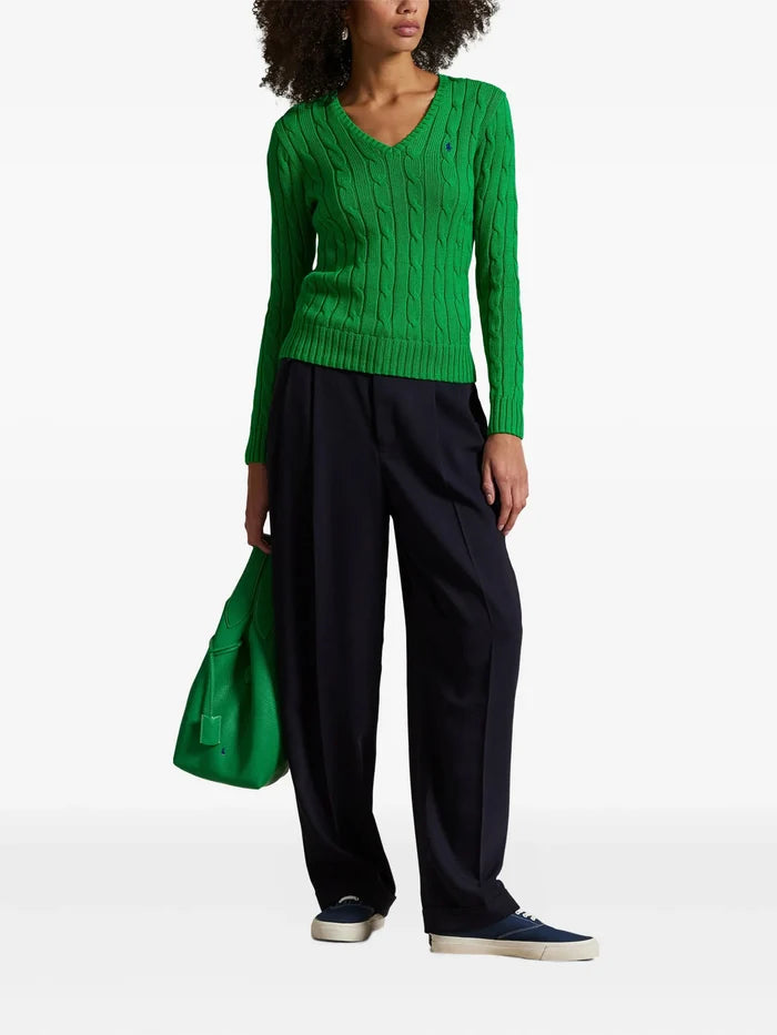 RALPH LAUREN WOMEN Cable-knit Cotton V-neck Sweater Preppy Green