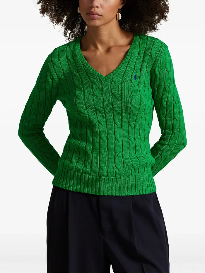 RALPH LAUREN WOMEN Cable-knit Cotton V-neck Sweater Preppy Green