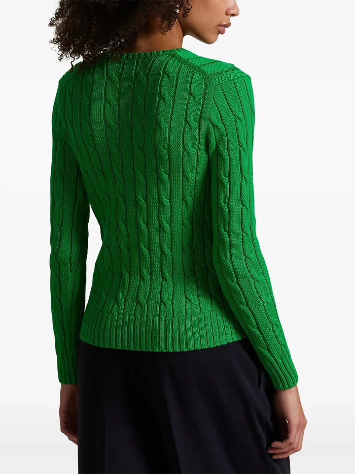 RALPH LAUREN WOMEN Cable-knit Cotton V-neck Sweater Preppy Green