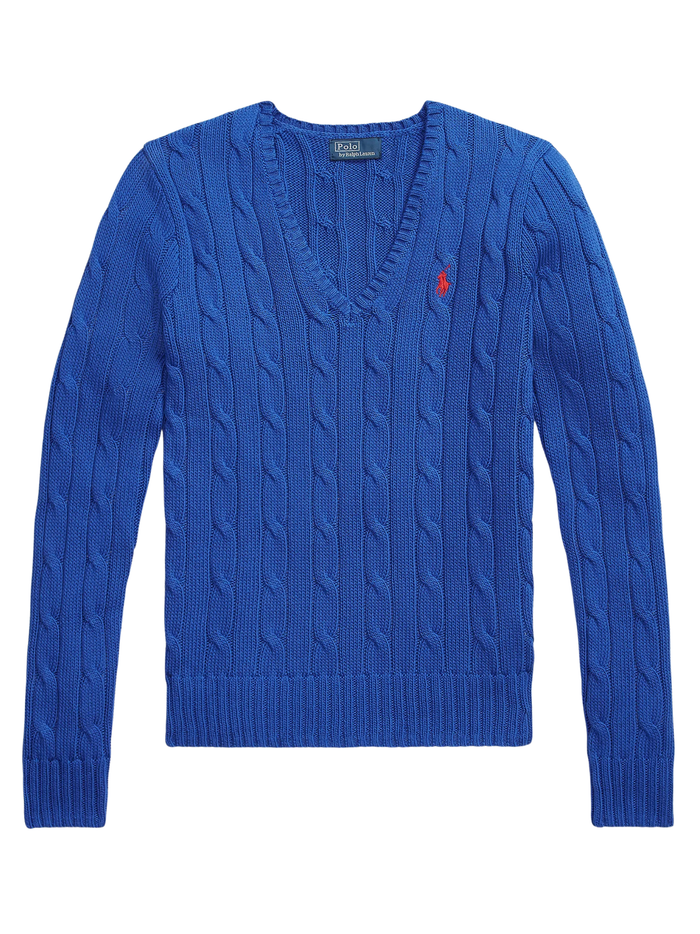 RALPH LAUREN WOMEN Cable-knit Cotton V-neck Sweater Rugby Royal