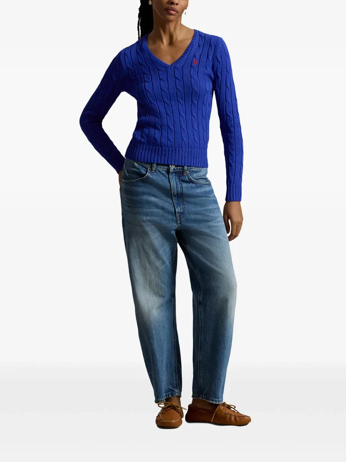 RALPH LAUREN WOMEN Cable-knit Cotton V-neck Sweater Rugby Royal