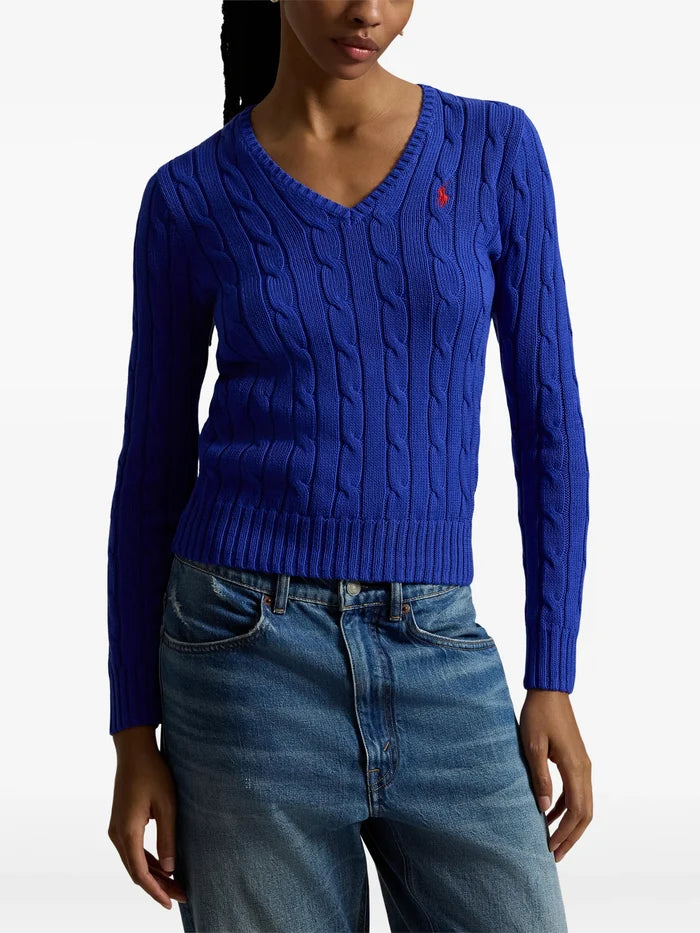 RALPH LAUREN WOMEN Cable-knit Cotton V-neck Sweater Rugby Royal