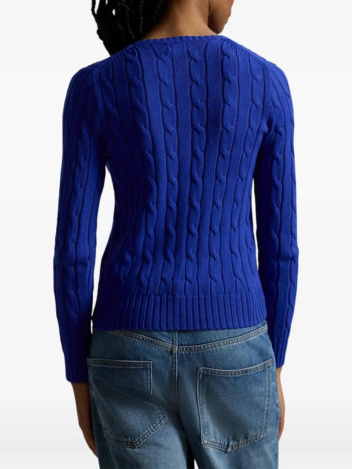 RALPH LAUREN WOMEN Cable-knit Cotton V-neck Sweater Rugby Royal