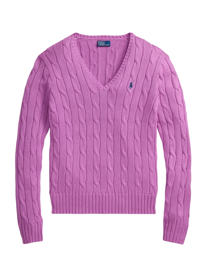 RALPH LAUREN WOMEN Cable-knit Cotton V-neck Sweater Thistle Pink