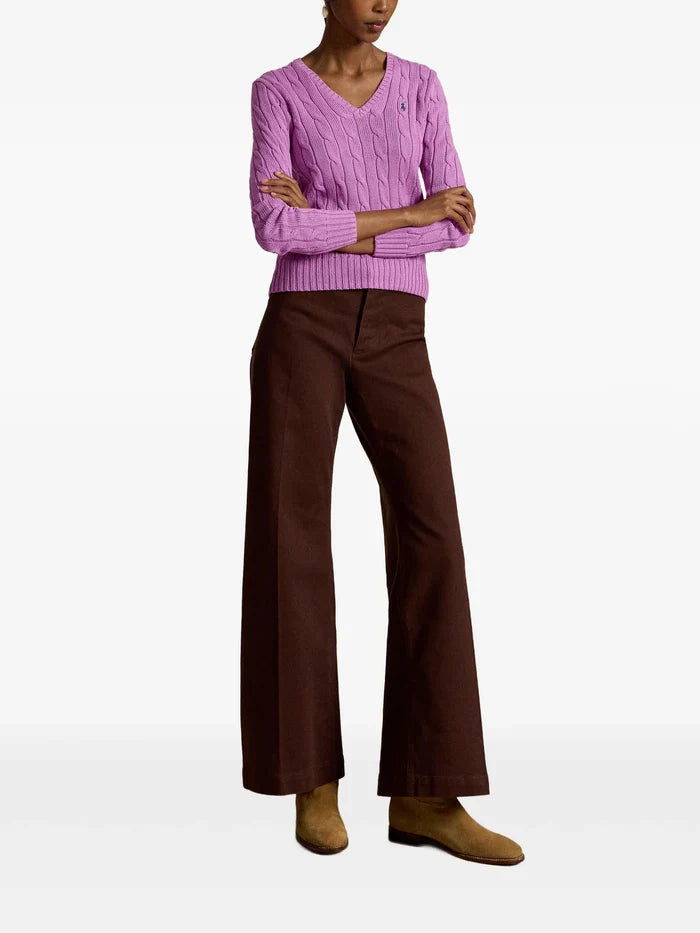 RALPH LAUREN WOMEN Cable-knit Cotton V-neck Sweater Thistle Pink
