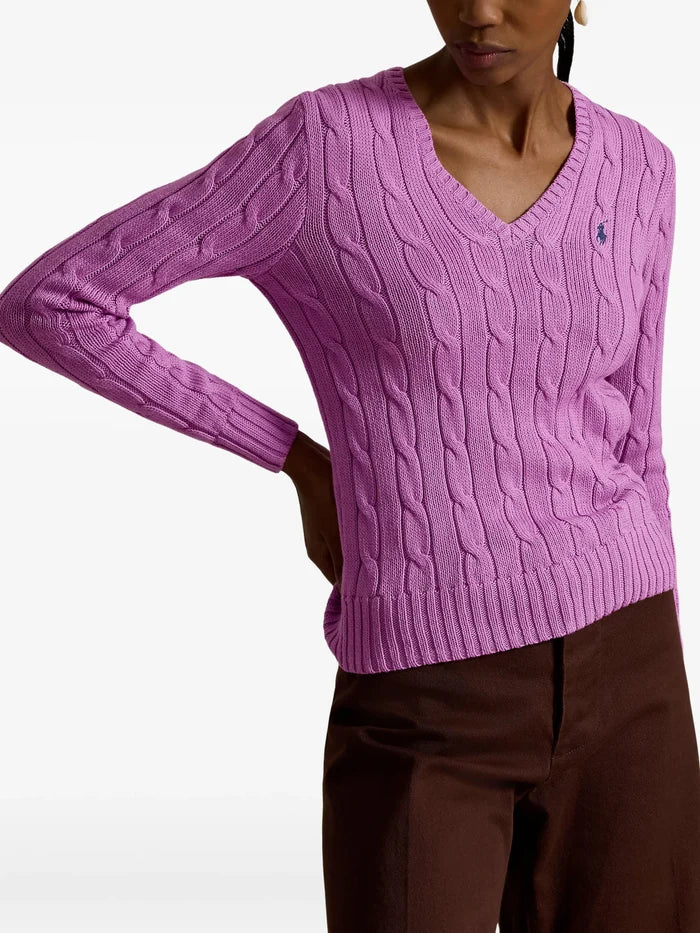 RALPH LAUREN WOMEN Cable-knit Cotton V-neck Sweater Thistle Pink