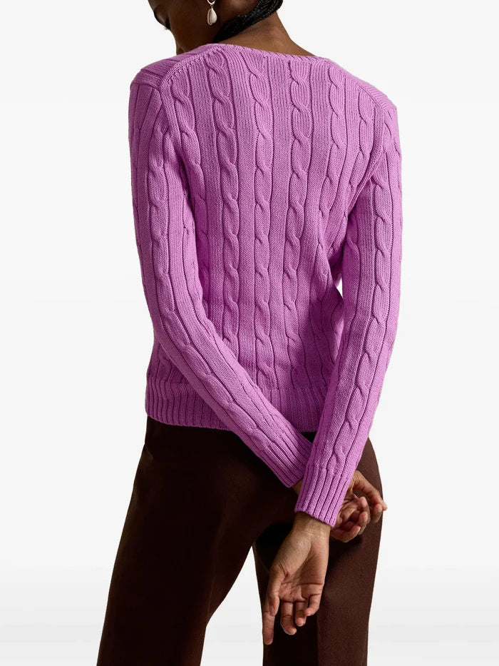RALPH LAUREN WOMEN Cable-knit Cotton V-neck Sweater Thistle Pink
