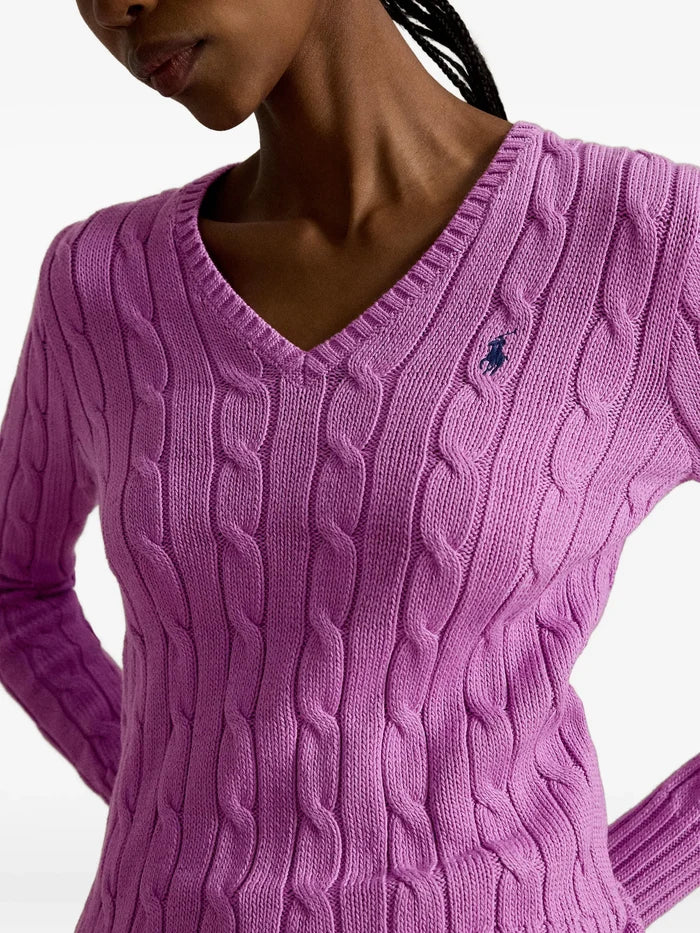 RALPH LAUREN WOMEN Cable-knit Cotton V-neck Sweater Thistle Pink