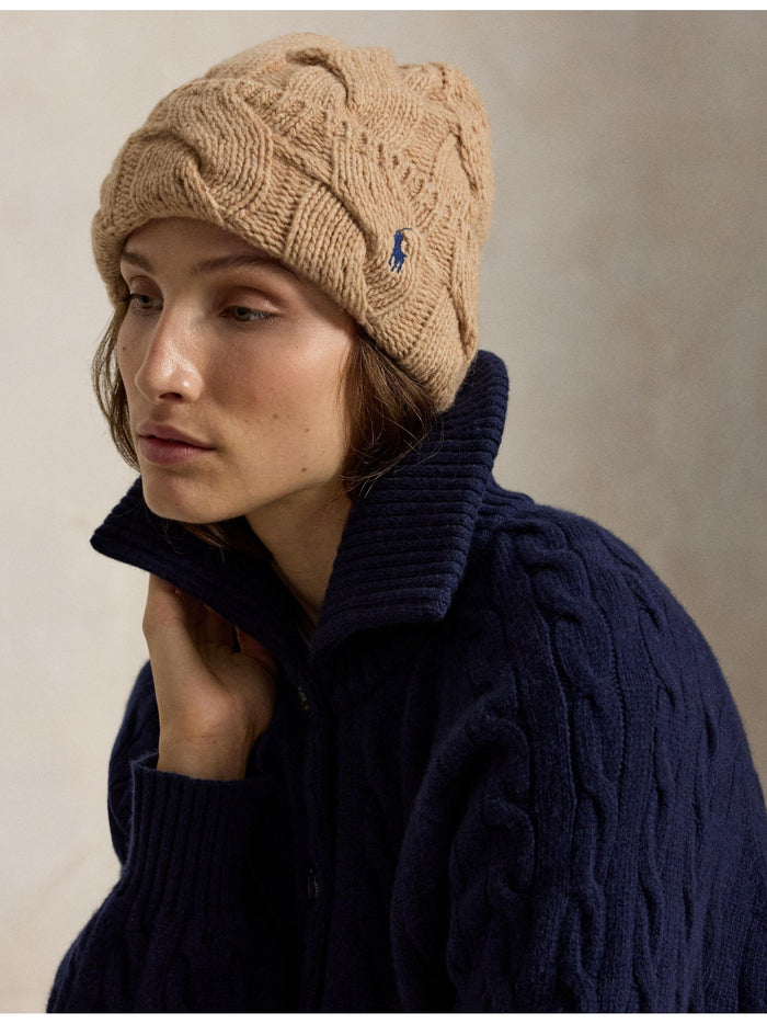 RALPH LAUREN WOMEN Cable-Knit Wool Beanie Camel