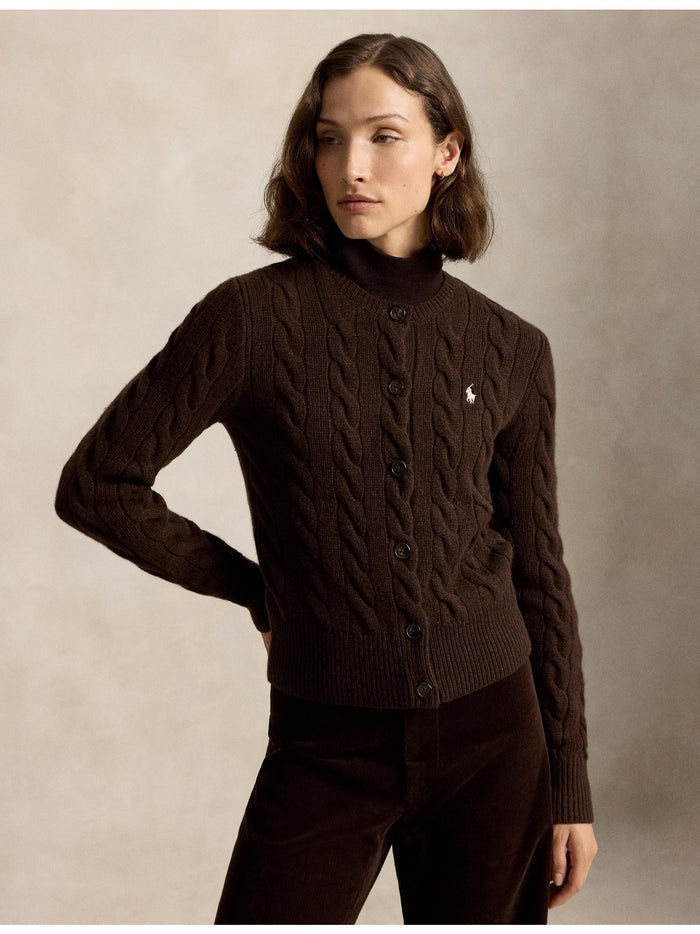 RALPH LAUREN WOMEN Cable-Knit Wool-Cashmere Cardigan Cedar Heather