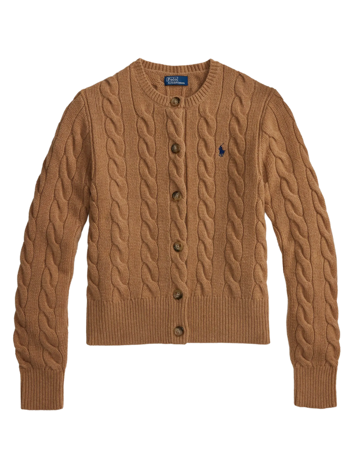 RALPH LAUREN WOMEN Cable-Knit Wool-Cashmere Cardigan Collection Camel Melange