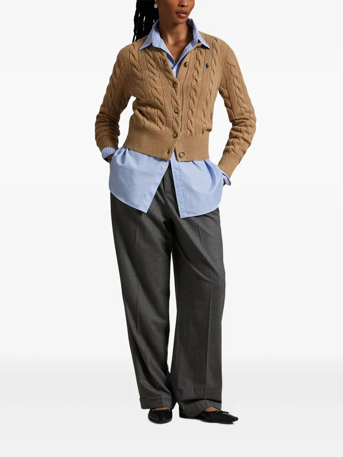 RALPH LAUREN WOMEN Cable-Knit Wool-Cashmere Cardigan Collection Camel Melange