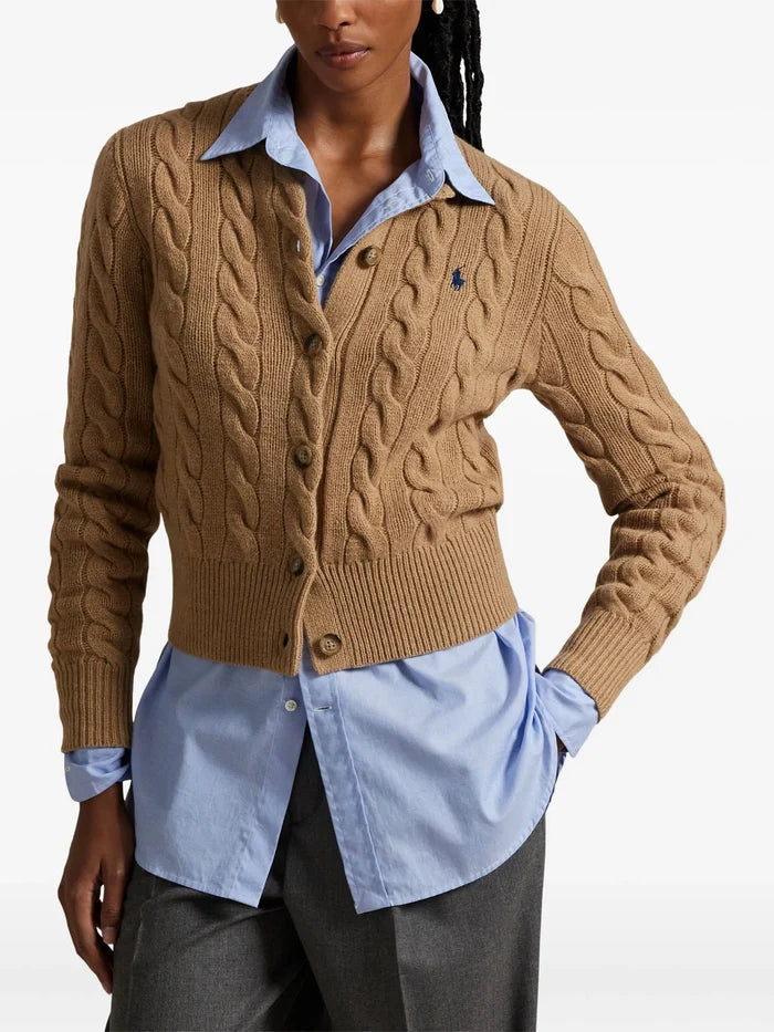 RALPH LAUREN WOMEN Cable-Knit Wool-Cashmere Cardigan Collection Camel Melange