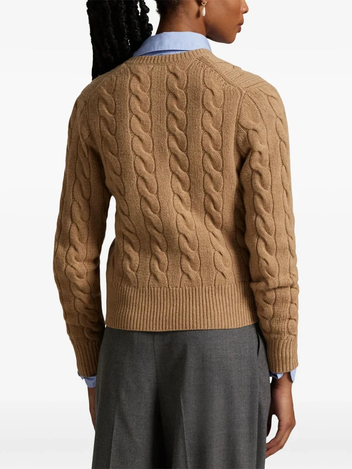 RALPH LAUREN WOMEN Cable-Knit Wool-Cashmere Cardigan Collection Camel Melange