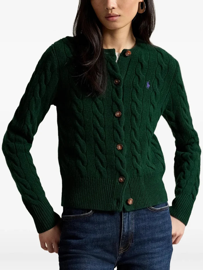 RALPH LAUREN WOMEN Cable-Knit Wool-Cashmere Cardigan College Green
