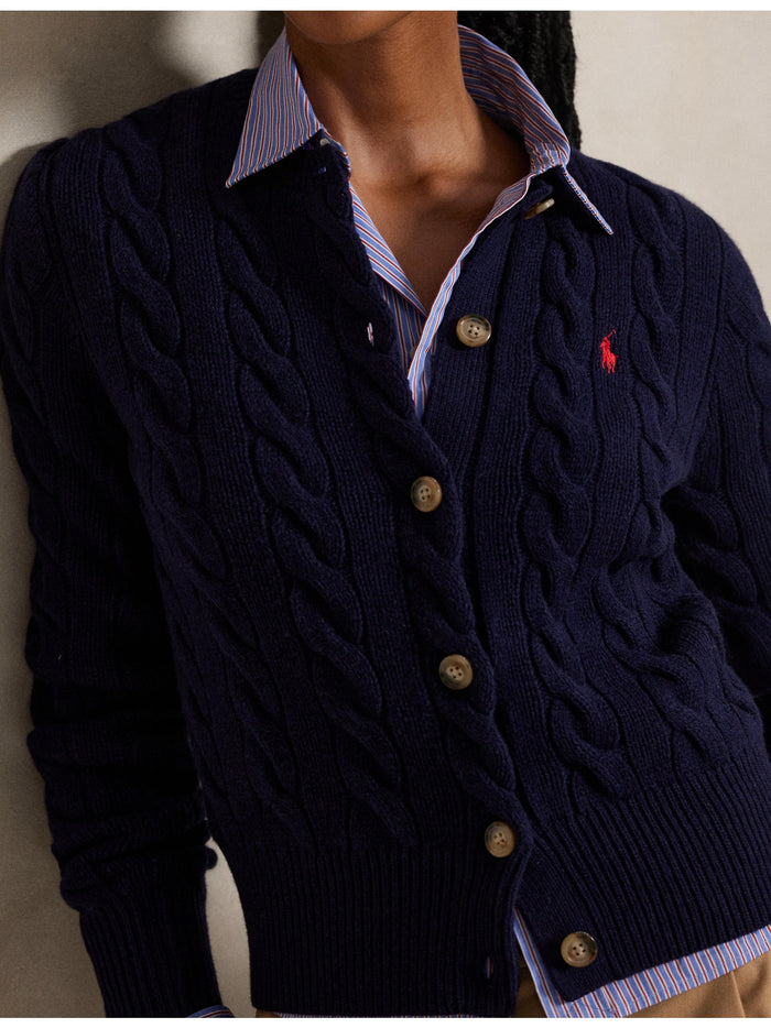 RALPH LAUREN WOMEN Cable-Knit Wool-Cashmere Cardigan Hunter Navy