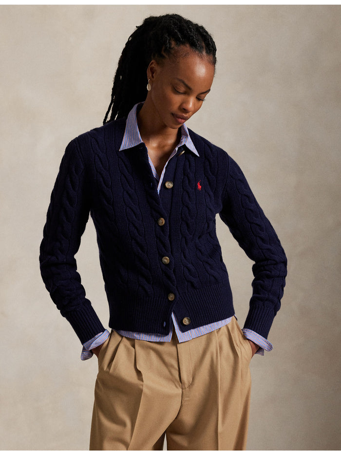 RALPH LAUREN WOMEN Cable-Knit Wool-Cashmere Cardigan Hunter Navy