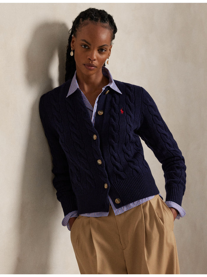 RALPH LAUREN WOMEN Cable-Knit Wool-Cashmere Cardigan Hunter Navy