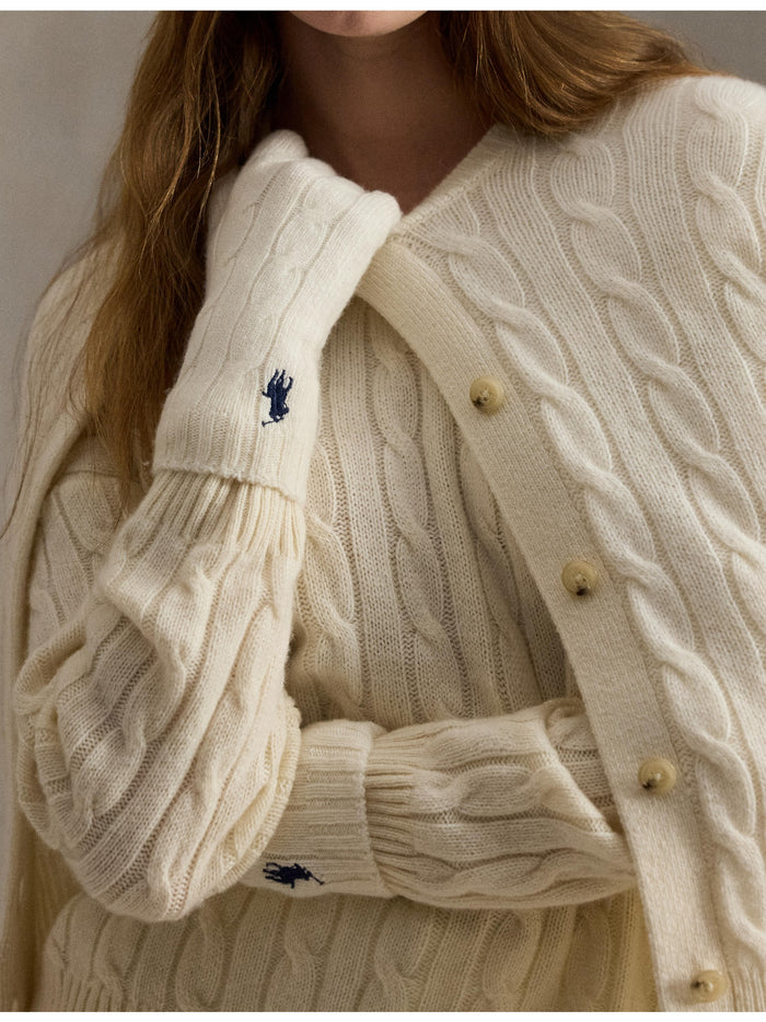 RALPH LAUREN WOMEN Cable-Knit Wool-Cashmere Gloves Cream