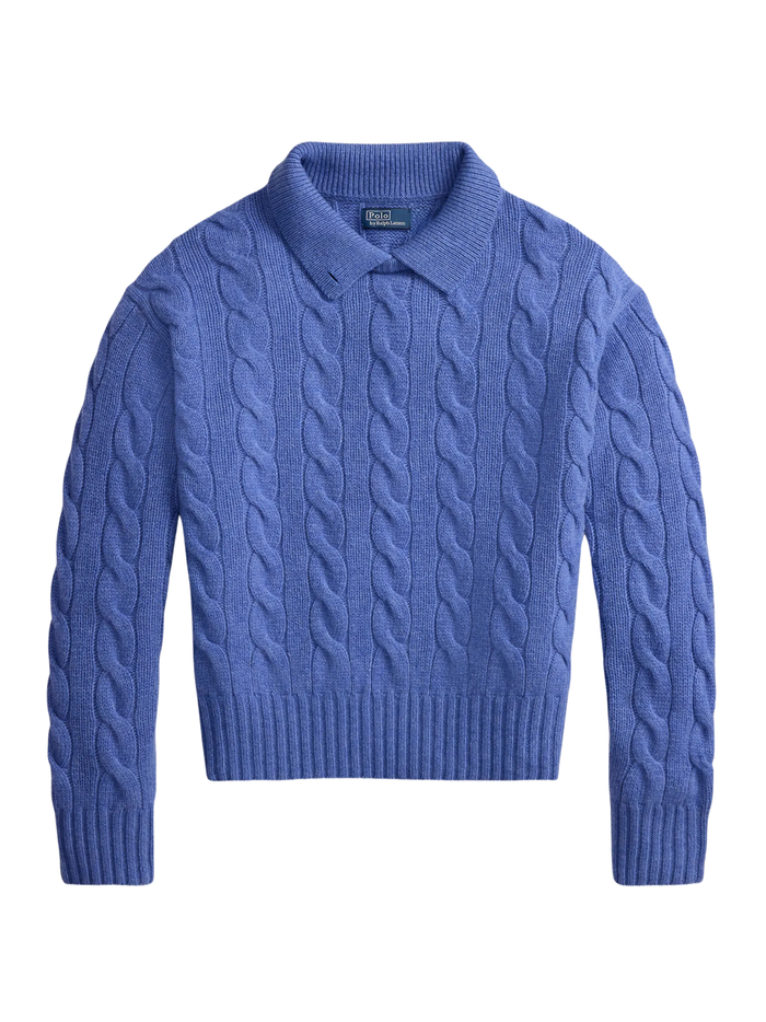 RALPH LAUREN WOMEN Cable-Knit Wool-Cashmere Polo Sweater Dockside Blue Heather
