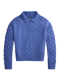RALPH LAUREN WOMEN Cable-Knit Wool-Cashmere Polo Sweater Dockside Blue Heather