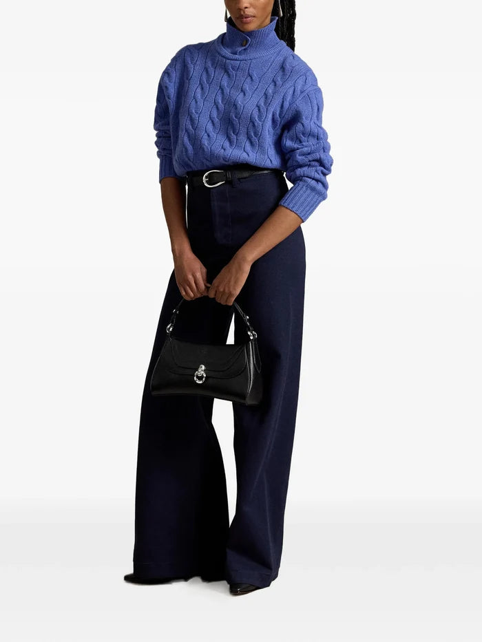 RALPH LAUREN WOMEN Cable-Knit Wool-Cashmere Polo Sweater Dockside Blue Heather