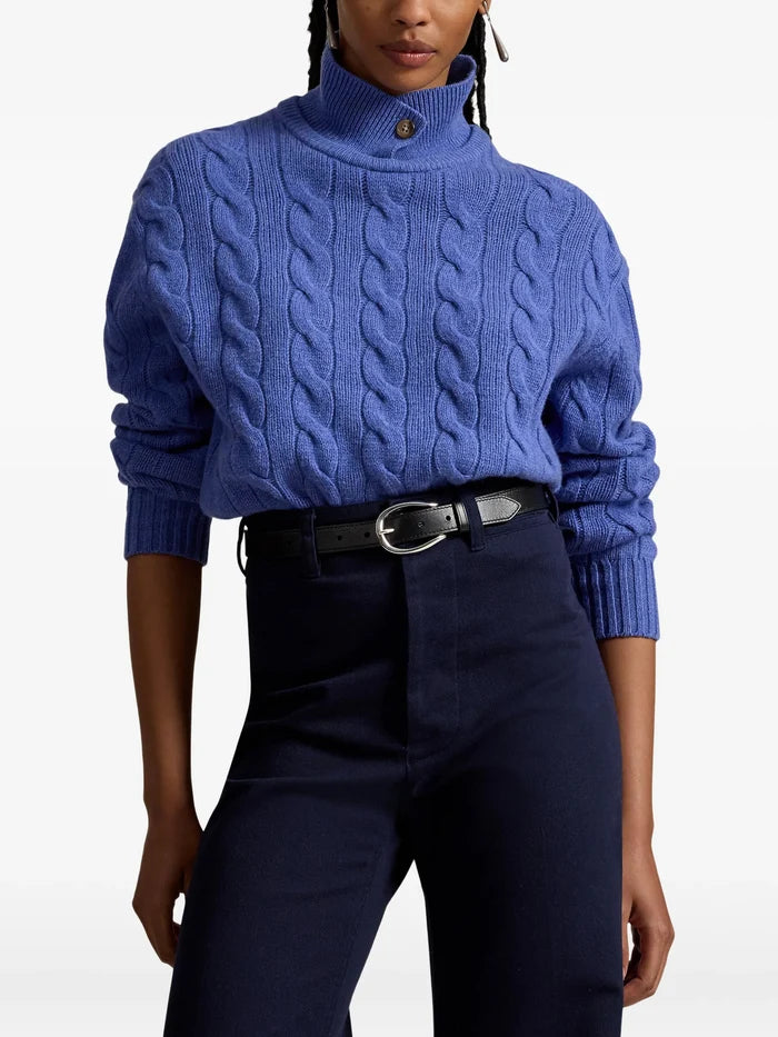 RALPH LAUREN WOMEN Cable-Knit Wool-Cashmere Polo Sweater Dockside Blue Heather