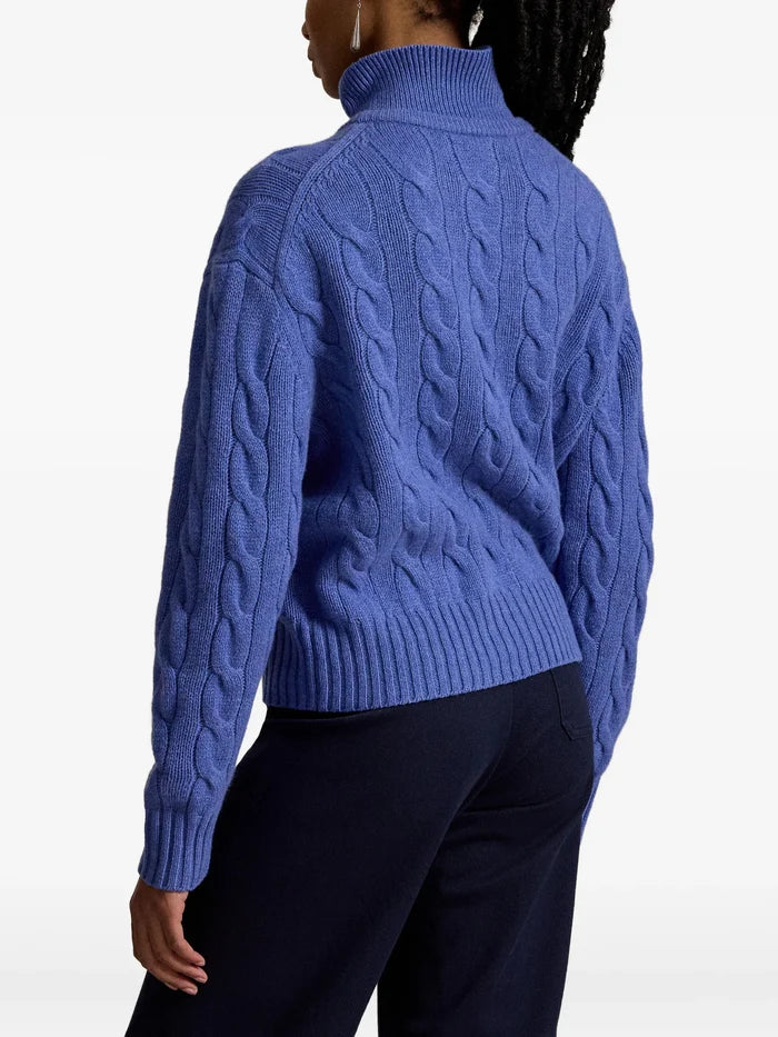 RALPH LAUREN WOMEN Cable-Knit Wool-Cashmere Polo Sweater Dockside Blue Heather