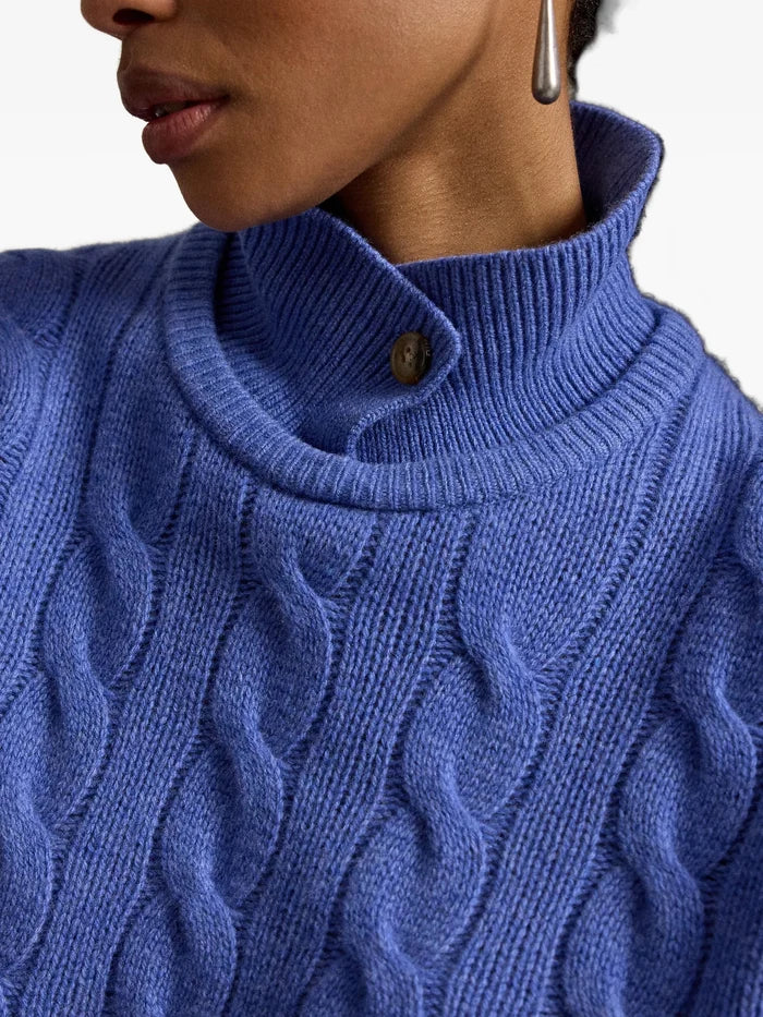 RALPH LAUREN WOMEN Cable-Knit Wool-Cashmere Polo Sweater Dockside Blue Heather