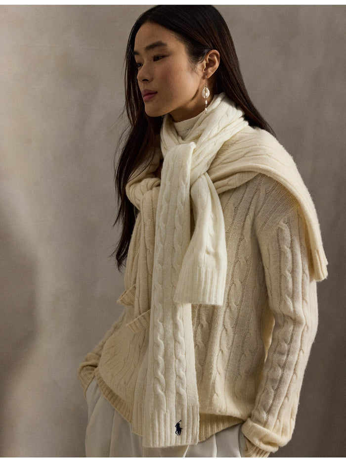 RALPH LAUREN WOMEN Cable-Knit Wool-Cashmere Scarf Cream